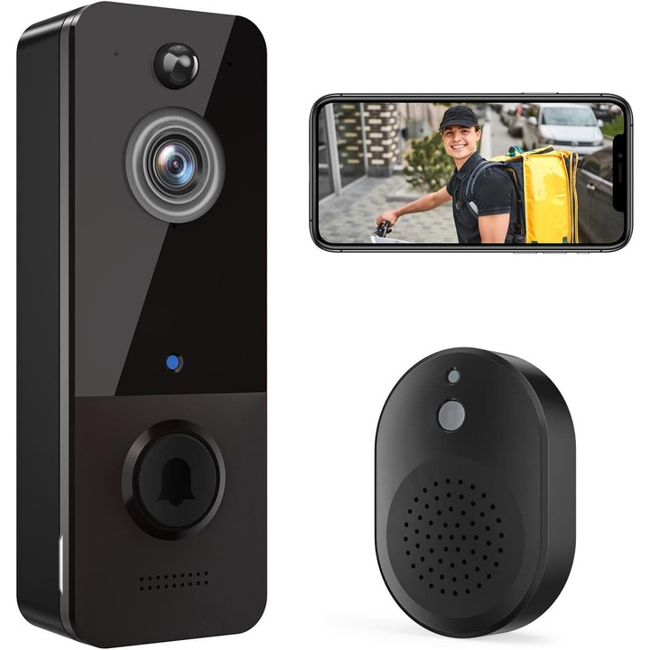 Camera video pentru usa wireless cu sonerie, detectie umana AI, 2.4G WiFi, comunicare bidirectionala, vedere nocturna, alimentare cu baterie