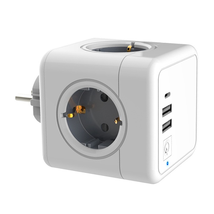 PowerCube контакт с 4 стандартни контакта, 2 USB-A порта, 1 USB-C порт, бял, 75x75x112mm