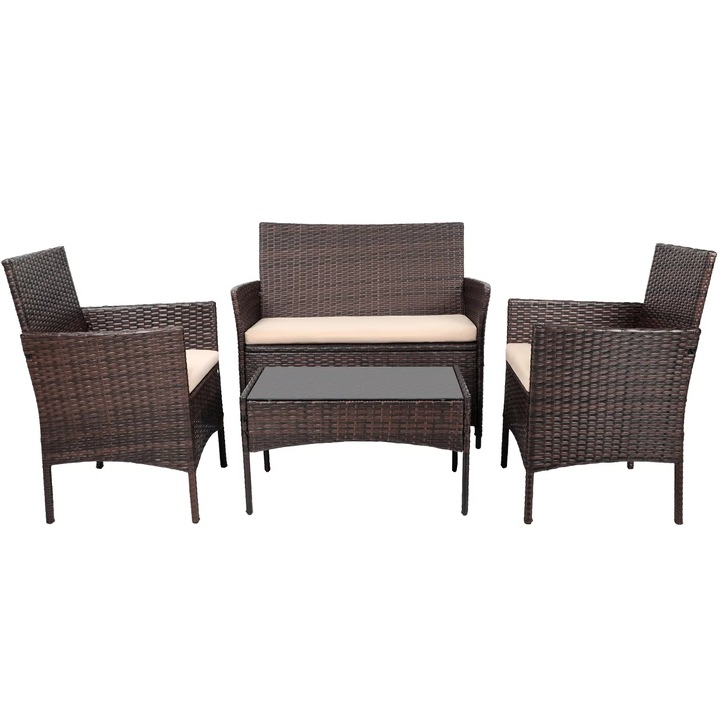 Set gradina 4 piese Sidef Royal, 1 canapea, 2 scaune si o masa, aspect ratan, plastic, maro, perne bej incluse