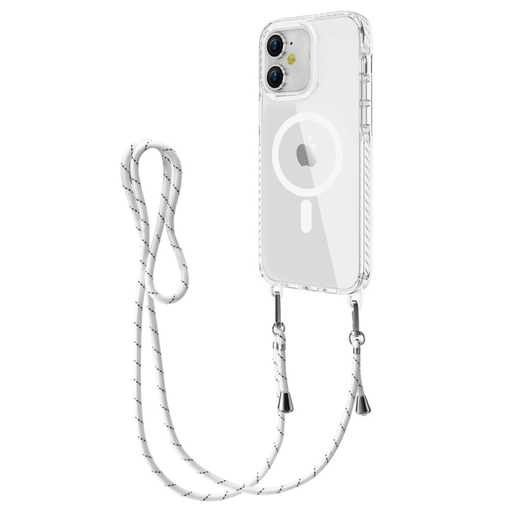 Tok Apple iPhone 11 telefonhoz, Levehető kábel, ütésálló, felső védelem, belső lökhárító, táska, átlátszó, fehér