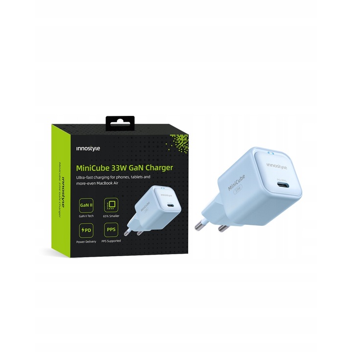 Hálózati töltő, Innostyle®, 33 W Fast Charge USB-C, GaN II, gyorstöltés, iPhone 5 / 6 / 7 / 8 / X / XS / XR / SE / 11 / 12 / 13 / 14 / 15 / Plus / Pro készülékekhez / Max, Samsung, Oppo, Xiaomi, Realme, Blue