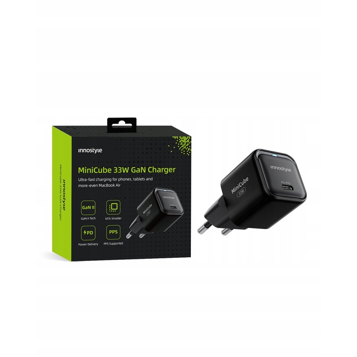 Hálózati töltő, Innostyle®, 33 W Fast Charge USB-C, GaN II, gyorstöltés, iPhone 5 / 6 / 7 / 8 / X / XS / XR / SE / 11 / 12 / 13 / 14 / 15 / Plus / Pro készülékekhez / Max, Samsung, Oppo, Xiaomi, Realme, Fekete