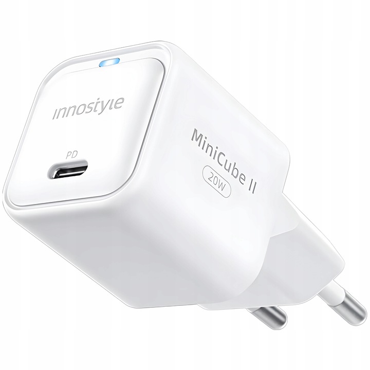 Hálózati töltő, Innostyle®, 20 W Fast Charge USB-C, GaN II, gyorstöltés, iPhone 5 / 6 / 7 / 8 / X / XS / XR / SE / 11 / 12 / 13 / 14 / 15 / Plus / Pro készülékhez / Max, Samsung, Oppo, Xiaomi, Realme, Fehér
