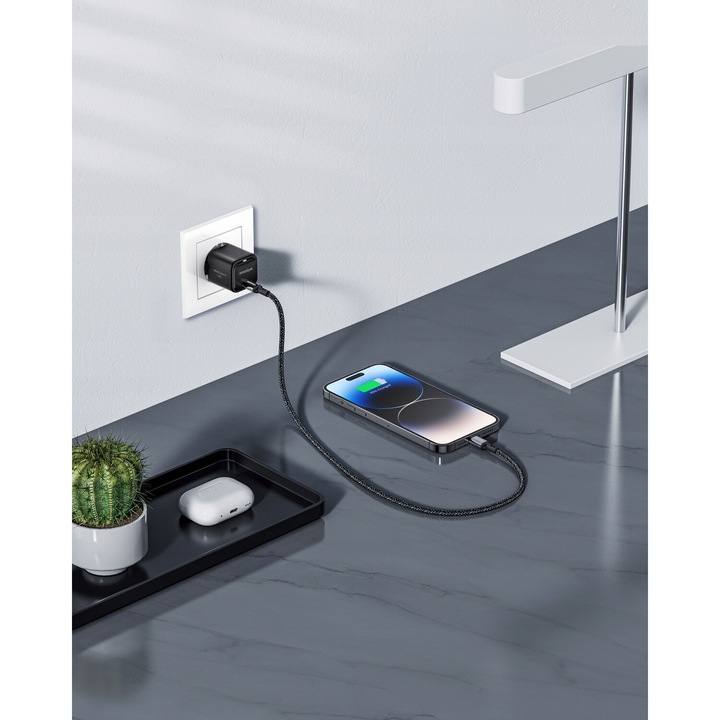 Мрежово зарядно устройство, Innostyle®, 33W Fast Charge USB-C, GaN II, бързо зареждане, за iPhone 5 / 6 / 7 / 8 / X / XS / XR / SE / 11 / 12 / 13 / 14 / 15 / Plus / Pro / Max, Samsung, Oppo, Xiaomi, Realme, Black