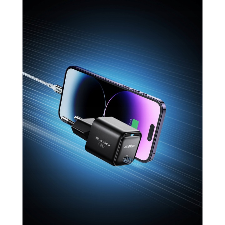 Мрежово зарядно устройство, Innostyle®, 20W Fast Charge USB-C, GaN II, бързо зареждане, за iPhone 5 / 6 / 7 / 8 / X / XS / XR / SE / 11 / 12 / 13 / 14 / 15 / Plus / Pro / Max, Samsung, Oppo, Xiaomi, Realme, Black