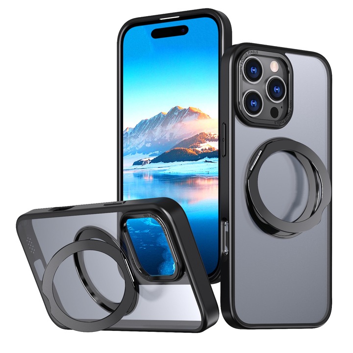 Husa de protectie din Silicon, Compatibil iPhone 14, Magnet Magsafe, Suport pentru telefon, Margini ridicate pentru protectie ecran si camera, Negru, Versatyx