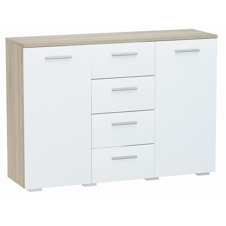 Comoda, Cztery kąty, HELENA120B/S, 35x120x84.5 cm, 2 Usi, 4 Sertare, Mat, PAL, Stejar sonoma/Alb