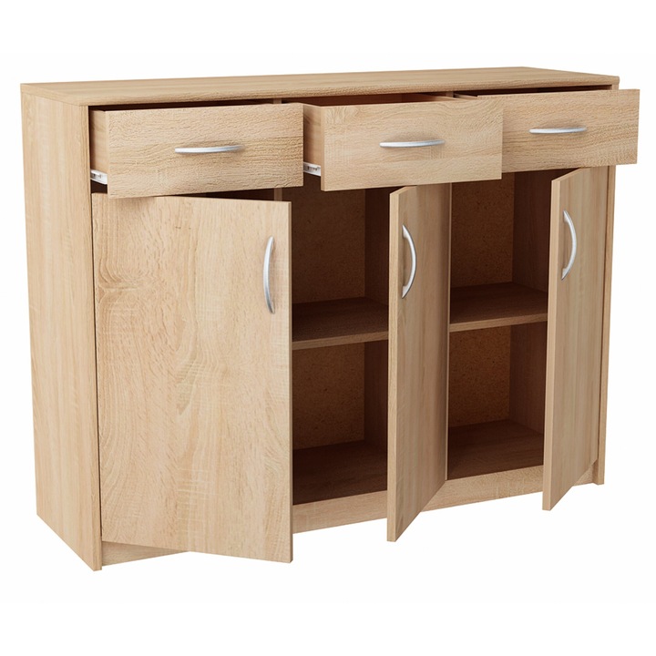 Komód, Bútor Bestseller, K023SONOMA, 85x110x35 cm, 3 ajtóval, 3 fiókkal, 3 polccal, matt, forgácslap, Sonoma tölgy