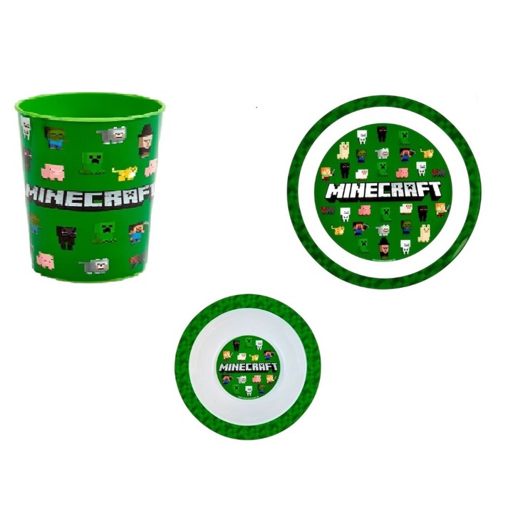 Set trei piese, farfurie, bol si pahar, din plstic fara BPA, ce poate fi utilizat la masina de spalat vase si microunde, multicolor, Minecraft