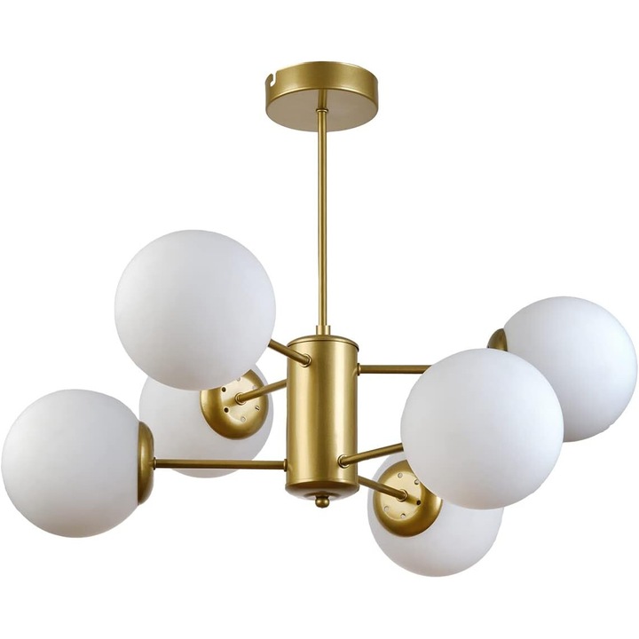 Candelabru vintage, 6 globuri albe x E27, diametru 70CM, bronz