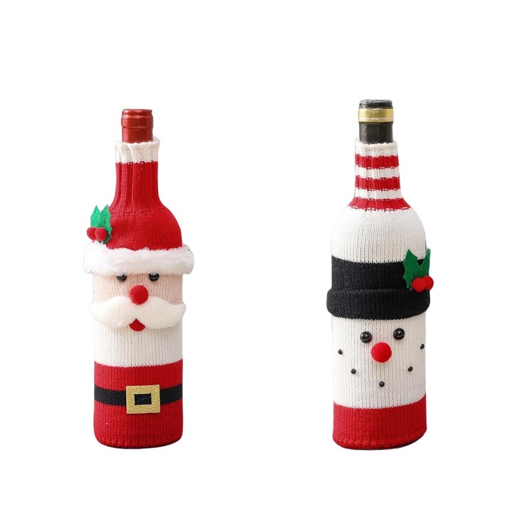 Set 2 Huse pentru Sticle de Vin MWAOWM, Craciun, Mos Craciun si Om de Zapada, Decorative, Poliester