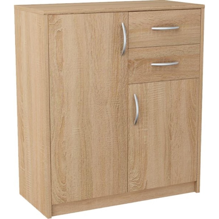 Comoda, Meble Bestseller, K2D2SSONOMA, 35x74x85 cm, 2 Usi, 2 Sertare, Mat, PAL, Stejar sonoma