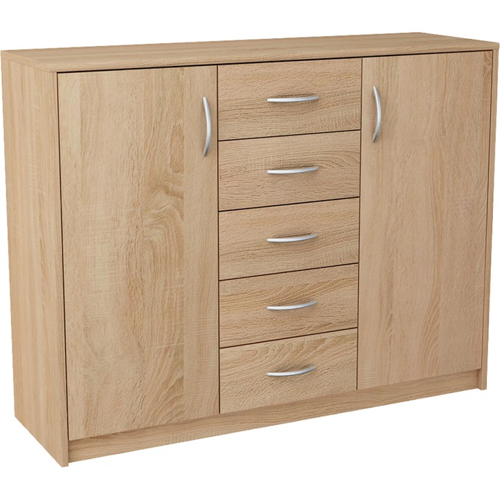 Comoda, Meble Bestseller, 2D5SSONOMA, 35x110x85 cm, 2 Usi, 5 Sertare, Mat, PAL, Stejar sonoma