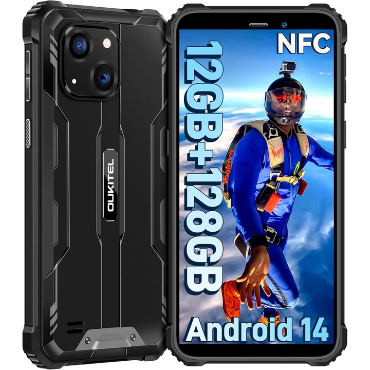 OUKITEL WP32 Telefon mobil deblocat, 12GB+128GB/1TB extensibil, 20MP Camera, Android 14 Smartphone, 6.0'' HD, baterie 6300mAh, Dual SIM 4G Cell Phone, IP68, GPS, OTG, NFC, Wi-Fi, Negru