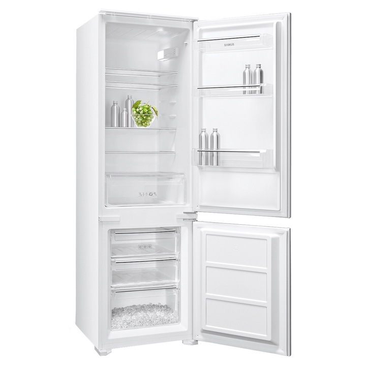 Combina Frigorifica Incorporabila Samus SCBI345E, 249 L, Clasa energetica E, Dezghetare automata la frigider, Termostat reglabil, 3 sertare la congelator, H 178 cm, Alb