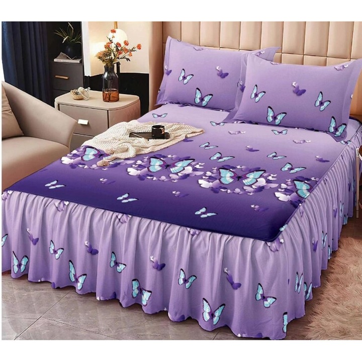 Cearsaf de pat dublu, cu volanase, imprimeu Fluturi, 3 piese, 2 persoane, Finet, 160x200cm, Multicolor