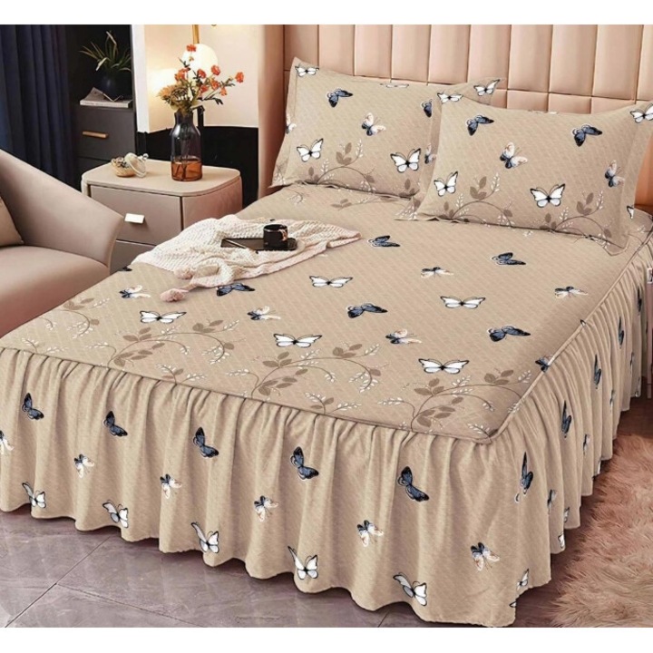 Cearsaf de pat dublu, cu volanase, Fluturi, 3 piese, 2 persoane, Finet, 160x200cm, Multicolor