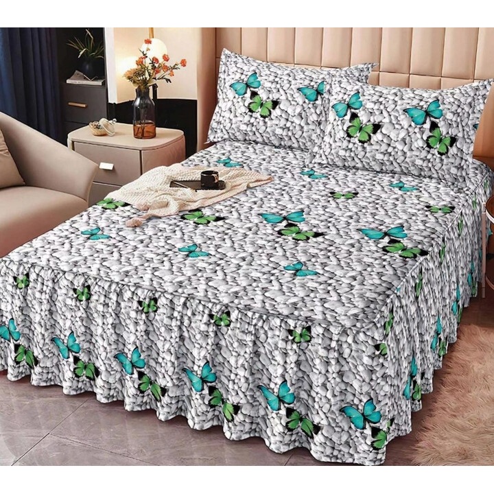 Cearsaf de pat dublu, cu volanase, Fluturi Bicolor, 3 piese, 2 persoane, Finet, 160x200cm, Multicolor