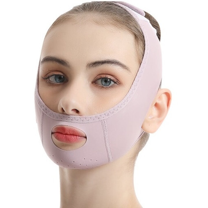 ESensio® V-Line лицева лифтинг маска за контуриране на лицето, брадичката, назолабиалните гънки, увеличаване на стегнатостта на кожата, за многократна употреба, еластична ликра, удобна и дишаща, розова