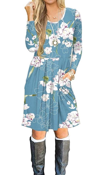 Дамска рокля AUSELILY, флорален десен, с джобове, дълъг ръкав, светлосин, Светлосин