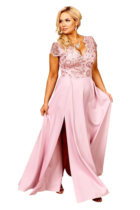 CRYSTAL hosszú elegáns ruha különleges alkalmakra, hímzéssel, gabardin szövet diszkrét hasítékkal a lábszáron, 52-es méret, plus size, CRPAPI52, pasztell rózsaszín