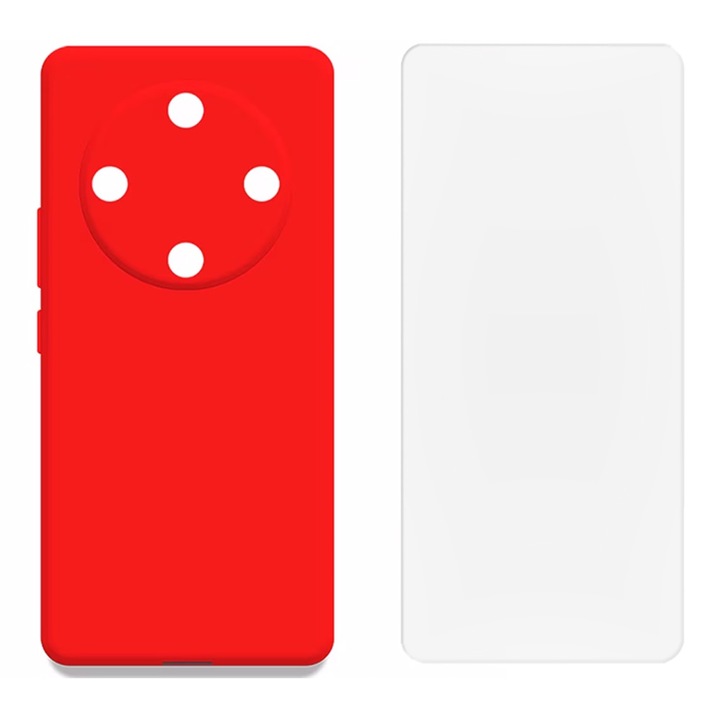 Set Protectie compatibil cu Honor Magic6 Lite, Husa de Silicon cu Microfibra FONIX BloomShield si Folie de Silicon Regenerabila, Ultra-rezistent, Protectie Camera, Margini Ridicate, Ultra-Subtire, Rosu