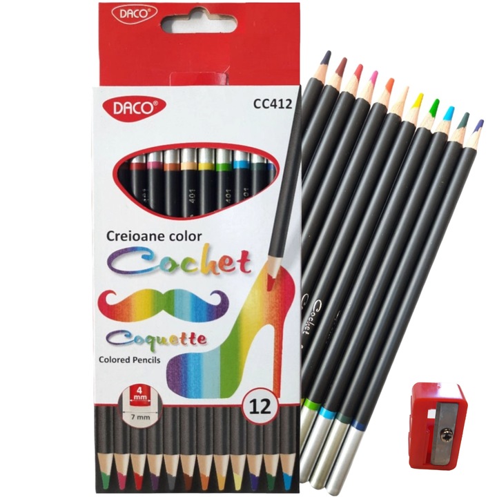 Creioane colorate, DACO Cochet, 12 culori/set, corp rotund + ascutitoare rosie, pentru copii