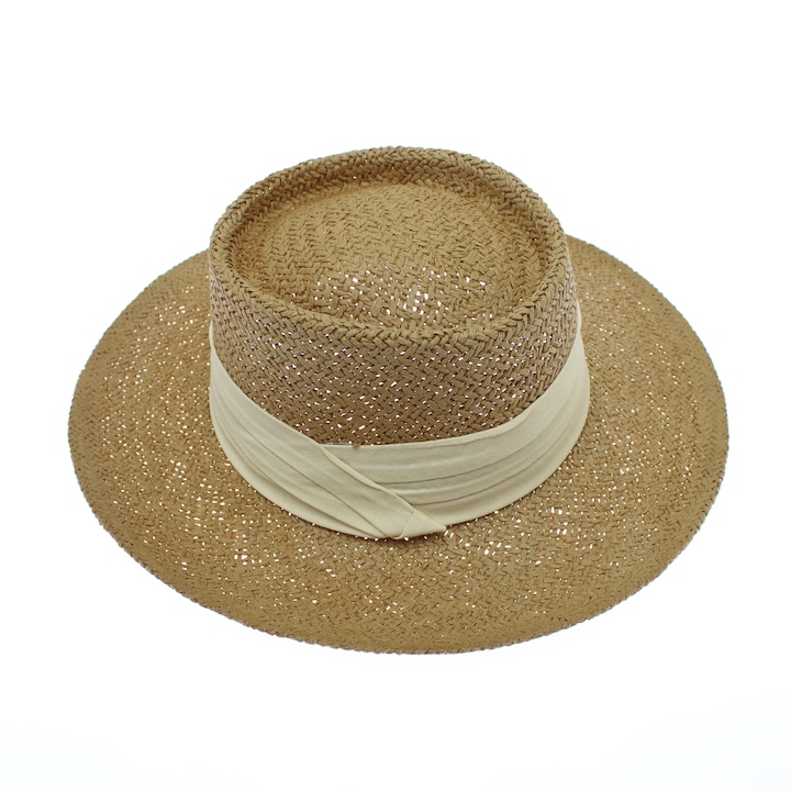 Palarie de soare, dama, ButicCochet, din paie de hartie, marime 59 cm / reglabila, cu bor mare, banda textila crem, Maro - PAL1584