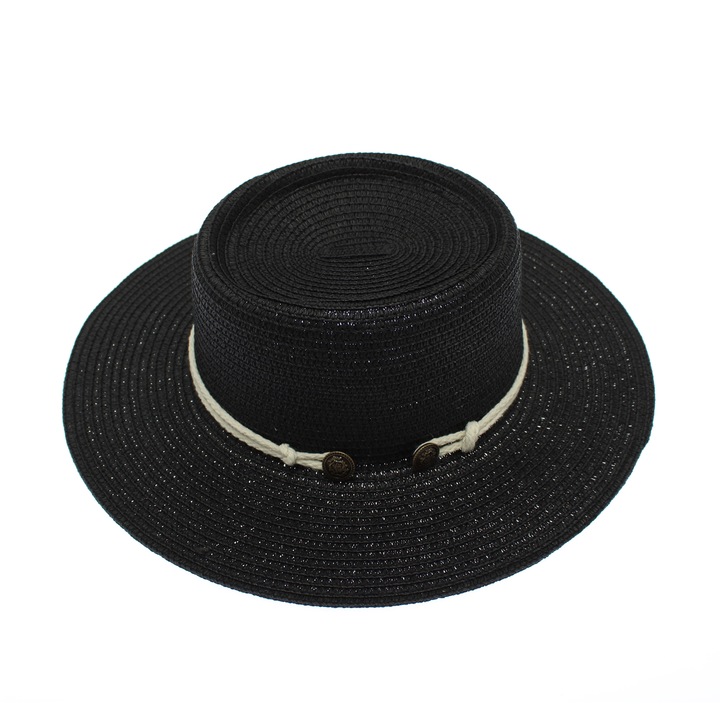 Palarie de soare, Dama, Buticcochet, din paie de hartie, cu snur decorativ, Negru - PAL1581