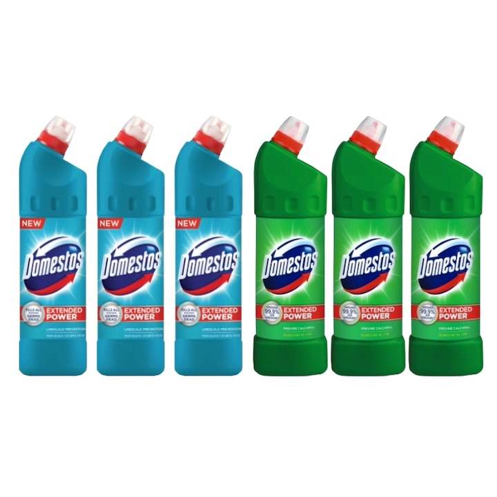 Set Curatenie Toaleta Domestos 6 x Componente, 3 x Solutie WC Lichid 1L Atlantic, 3 x Solutie WC Lichid 1L Pin, rapid si eficient, testat dermatologic, prospetime de lunga durata, elimina mirosuri neplacute