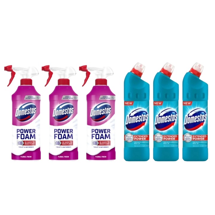 Set Curatenie Toaleta Domestos 6 x Componente, 3 x Spuma Baie 435ml Floral, 3 x Solutie WC Lichid 750ml Atlantic, rapid si eficient, testat dermatologic, prospetime de lunga durata, elimina mirosuri neplacute