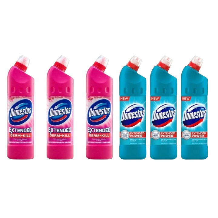 Set Curatenie Toaleta Domestos 6 x Componente, 3 x Solutie WC Lichid 750ml Pink Fresh, 3 x Solutie WC Lichid 750ml Atlantic, rapid si eficient, testat dermatologic, prospetime de lunga durata, elimina mirosuri neplacute