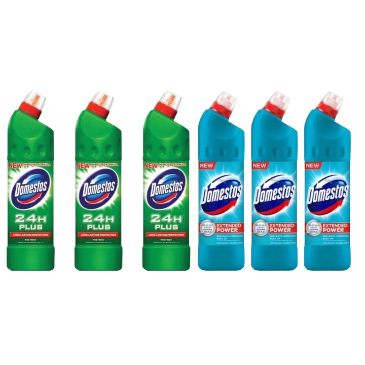 Set Curatenie Toaleta Domestos 6 x Componente, 3 x Solutie WC Lichid 750ml Pin, 3 x Solutie WC Lichid 750ml Atlantic, rapid si eficient, testat dermatologic, prospetime de lunga durata, elimina mirosuri neplacute