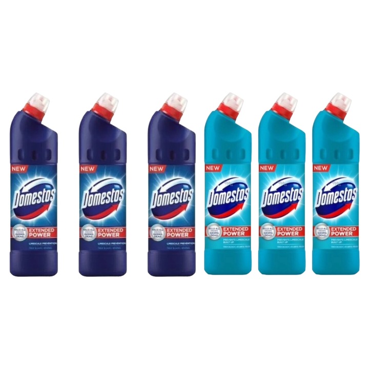 Set Curatenie Toaleta Domestos 6 x Componente, 3 x Solutie WC Lichid 750ml Briza Marii, 3 x Solutie WC Lichid 750ml Atlantic, rapid si eficient, testat dermatologic, prospetime de lunga durata, elimina mirosuri neplacute