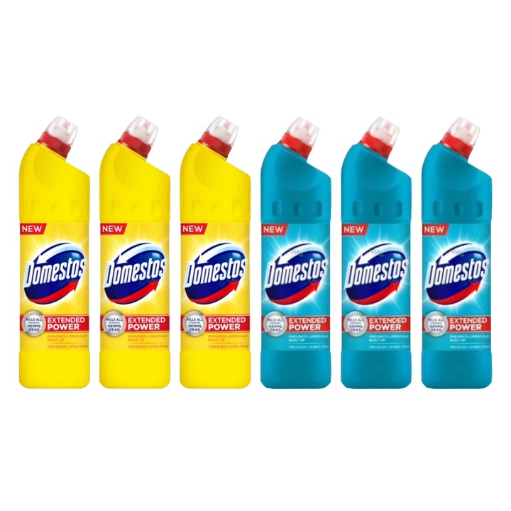 Set Curatenie Toaleta Domestos 6 x Componente, 3 x Solutie WC Lichid 750ml Lamaie, 3 x Solutie WC Lichid 750ml Atlantic, rapid si eficient, testat dermatologic, prospetime de lunga durata, elimina mirosuri neplacute