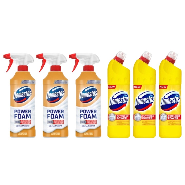 Set Curatenie Toaleta Domestos 6 x Componente, 3 x Spuma Baie 435ml Lamaie, 3 x Solutie WC Lichid 750ml Lamaie, rapid si eficient, testat dermatologic, prospetime de lunga durata, elimina mirosuri neplacute