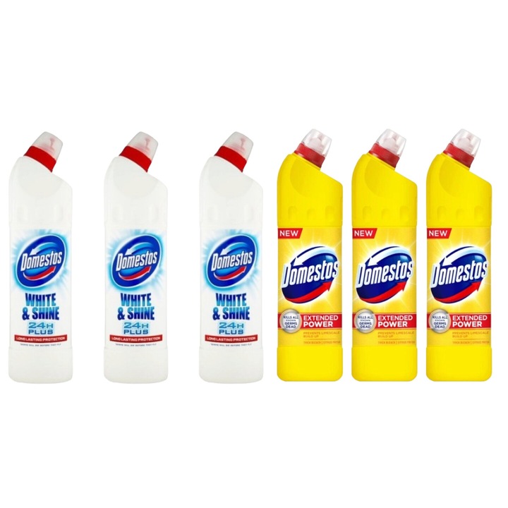 Set Curatenie Toaleta Domestos 6 x Componente, 3 x Solutie WC Lichid 750ml White&Shine, 3 x Solutie WC Lichid 750ml Lamaie, rapid si eficient, testat dermatologic, prospetime de lunga durata, elimina mirosuri neplacute