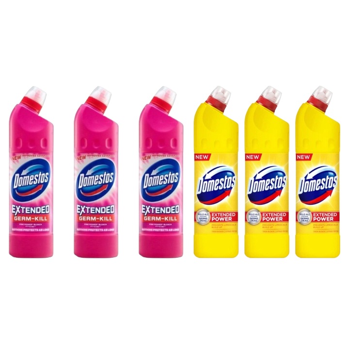 Set Curatenie Toaleta Domestos 6 x Componente, 3 x Solutie WC Lichid 750ml Pink Fresh, 3 x Solutie WC Lichid 750ml Lamaie, rapid si eficient, testat dermatologic, prospetime de lunga durata, elimina mirosuri neplacute