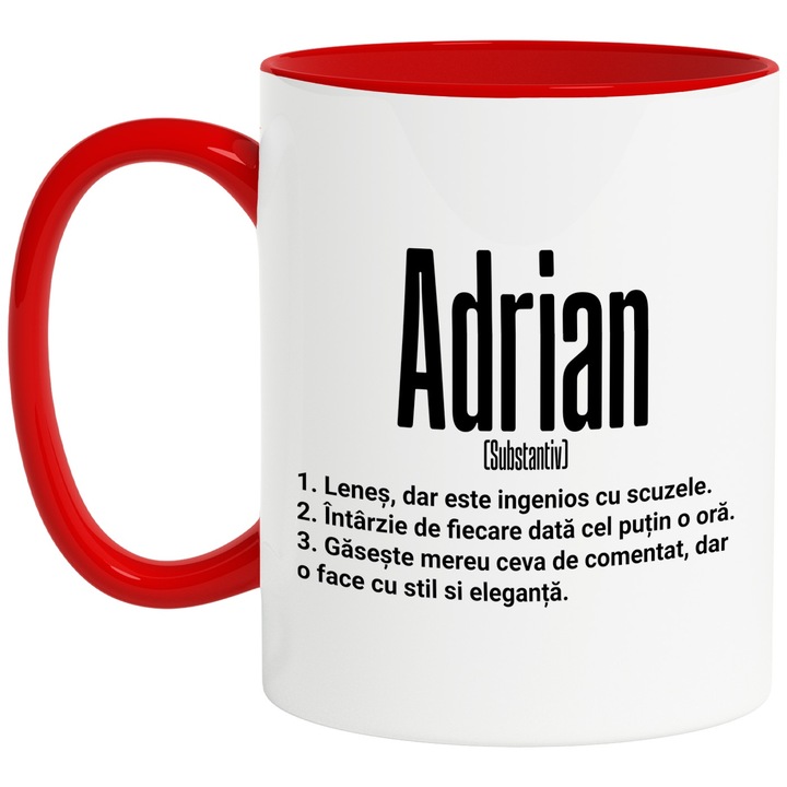 Cana Cu Numele Adrian, Amuzant, Lenes, Haios, Funny, Personalizat, Cadou, 330ml, Ceramic cu Maner Rosu