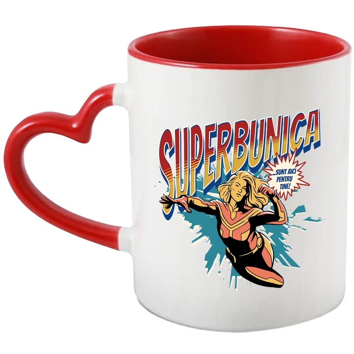 Cana Super Bunica, SuperErou Sunt Aici Pentru Tine, 330ml, Ceramica cu Maner Inima Rosie