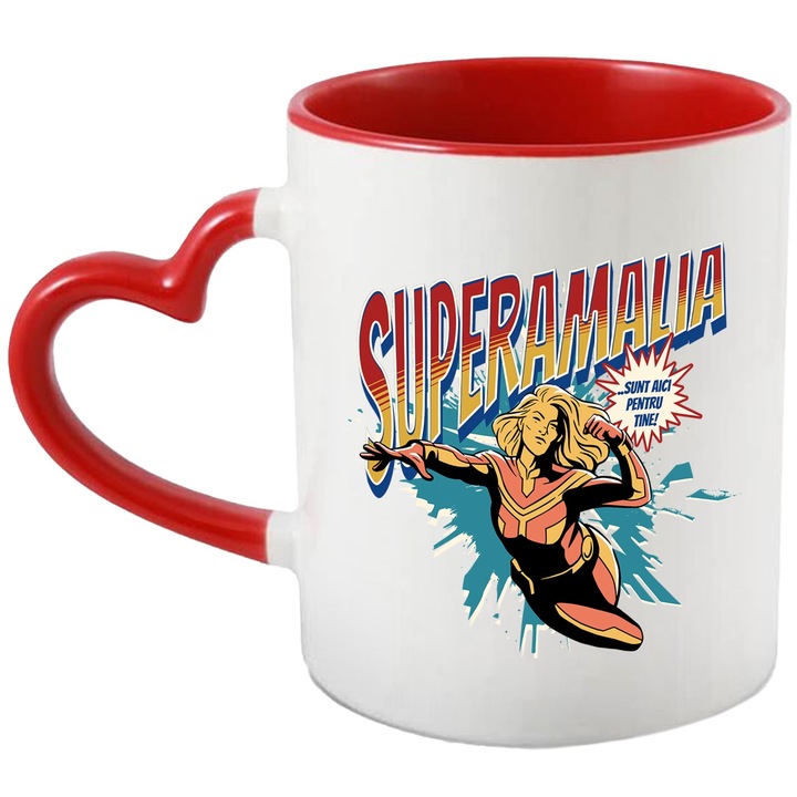 Cana Super Amalia, SuperErou Sunt Aici Pentru Tine, 330ml, Ceramica cu Maner Inima Rosie