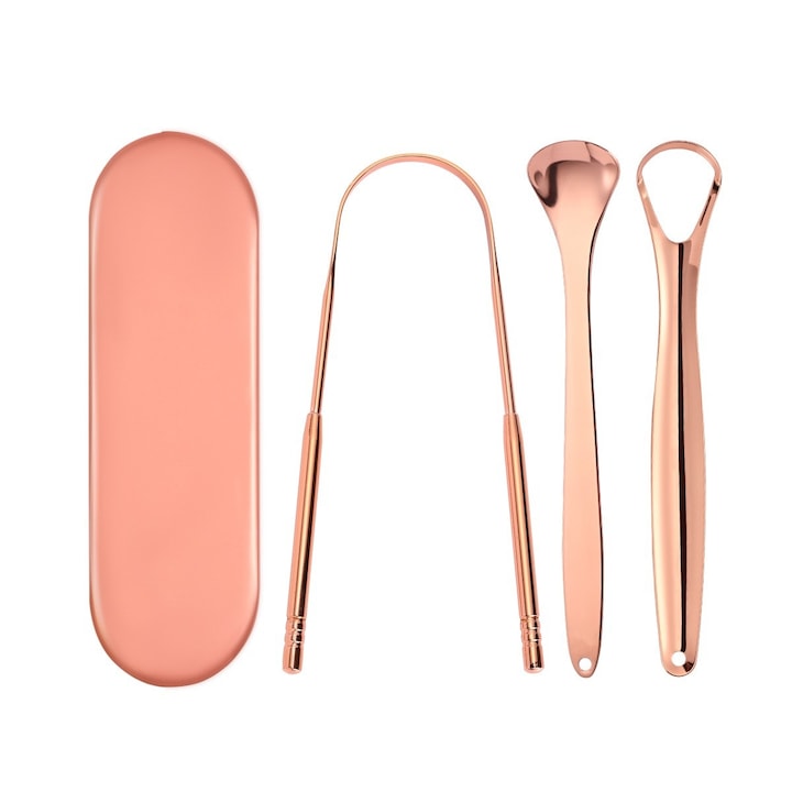 Set 3 Racletoare de Limba din Otel Inoxidabil, Ergonomice, cu Husa de Calatorie, Rose Gold