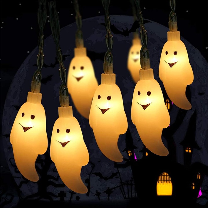 Halloween dekorációs füzér, szellem fények, 20 LED, 3m, meleg sárga