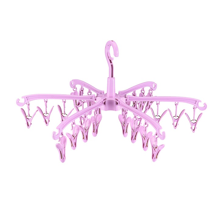 Uscator rufe pliabil cu 24 de clipsuri, design rotativ, 51 cm, pentru sosete, lenjerie, haine de bebelusi