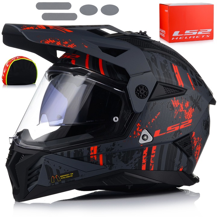 Casca moto, LS2, MX702 Pioneer, Crazy, Protectie UV, Cross/Enduro/ATV, Negru/Rosu, ABS, L (59-60cm)