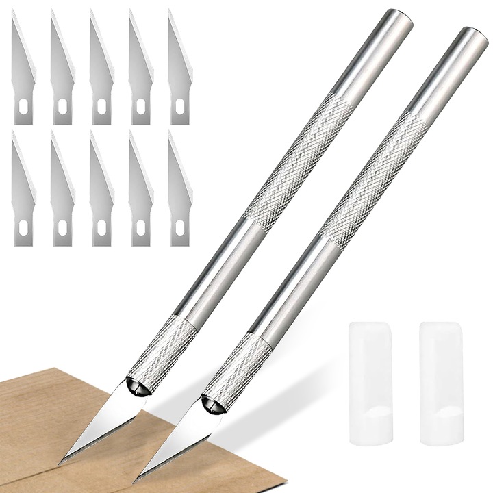 Set 2 cutite de precizie pentru artizanat, maner aluminiu, 10 lame inox de rezerva