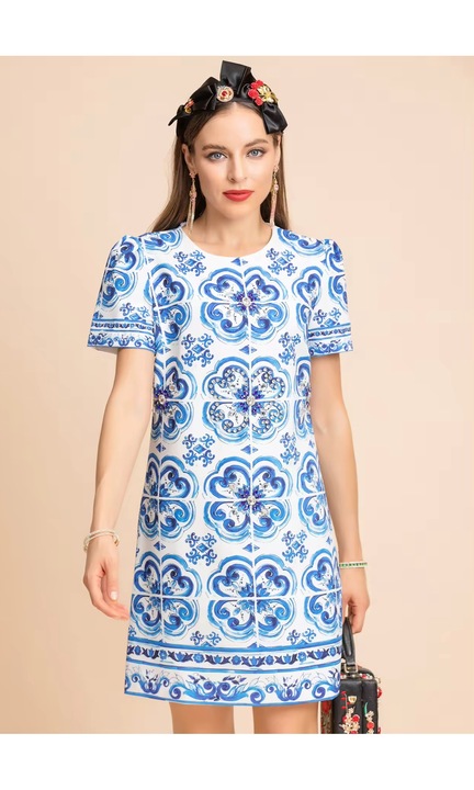 Rovid ruha, kek, porcelán, Fehér/Kék