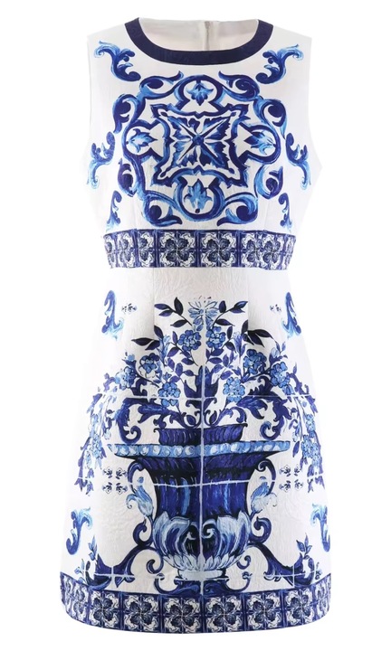 Rovid ruha, ujjatlan, porcelán, Fehér/Kék