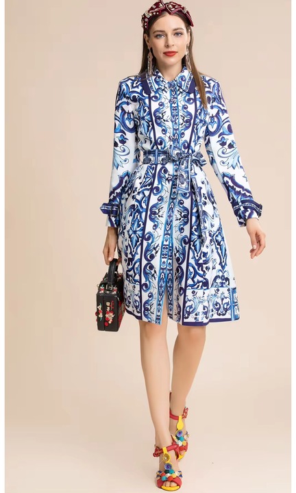 Midi ruha, galleros, hosszu ujju, Fehér/Kék