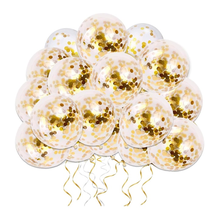 Прозрачни балони JUP 4057238 1-28, 15 броя, Златисти конфети, Латекс, 30см, Прозрачен/Златист